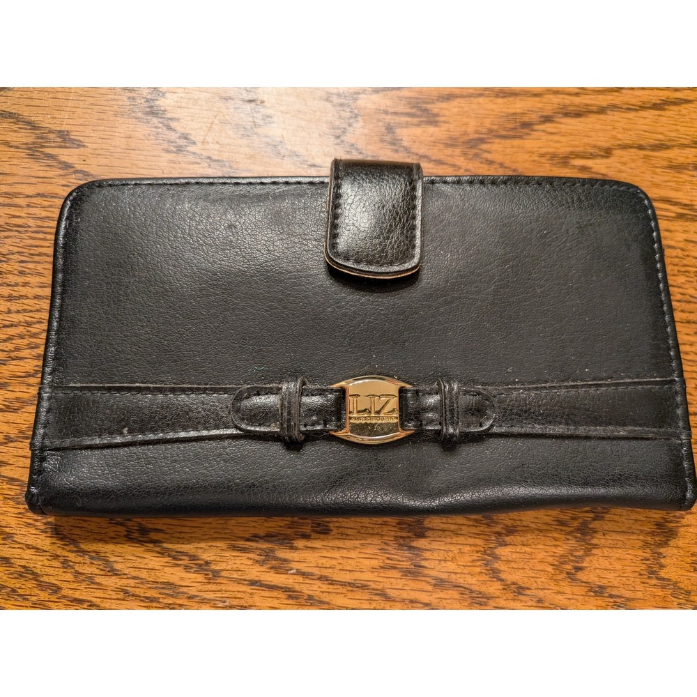 Liz Claiborne Black Leather Bifold Checkbook Wallet Gold Logo Plaque Vintage